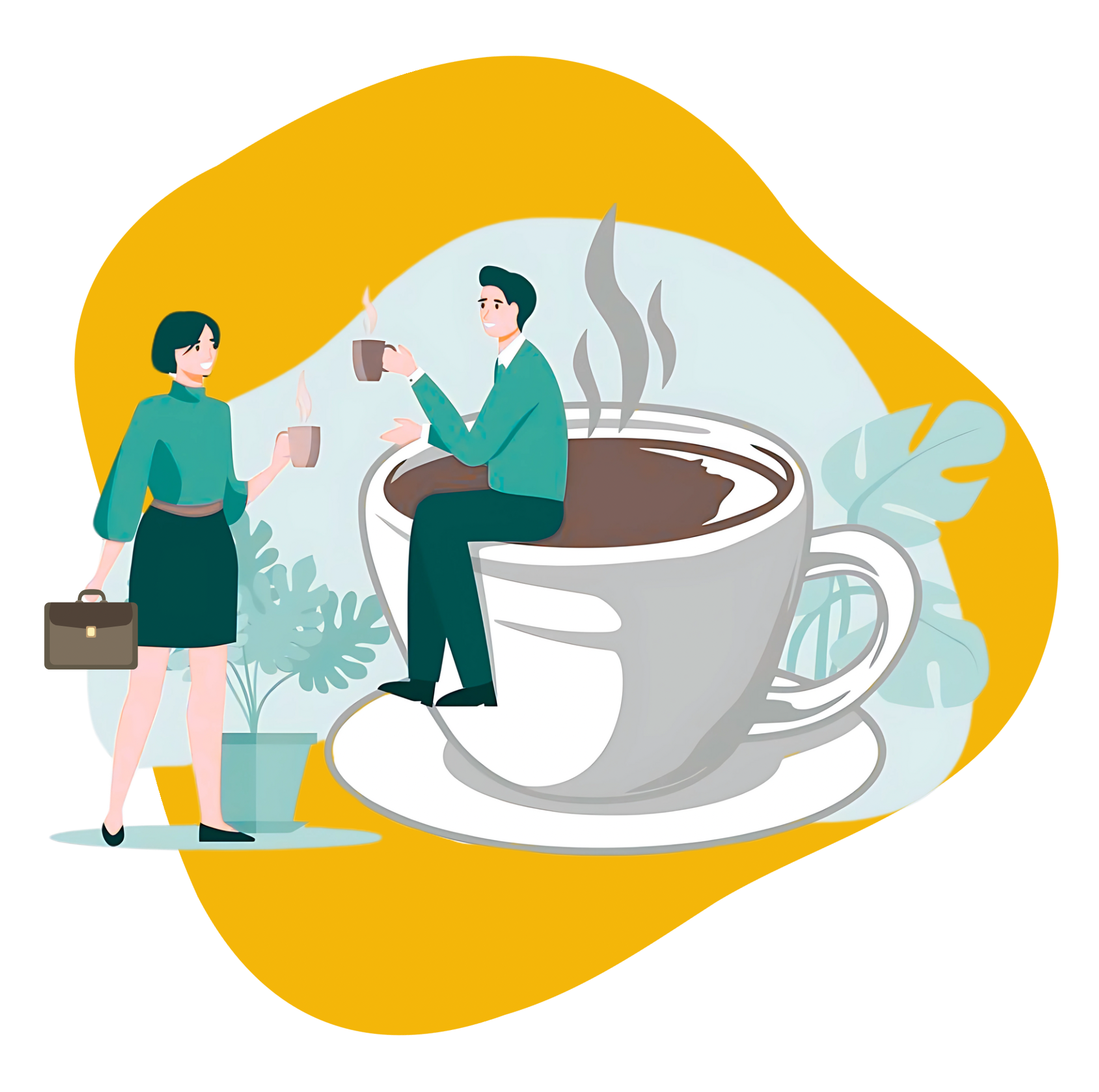 Illustration of two professionals connecting over coffee and collaboration