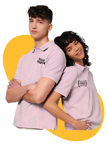 Two models wearing customized polo t-shirts with printed logos by ink.company