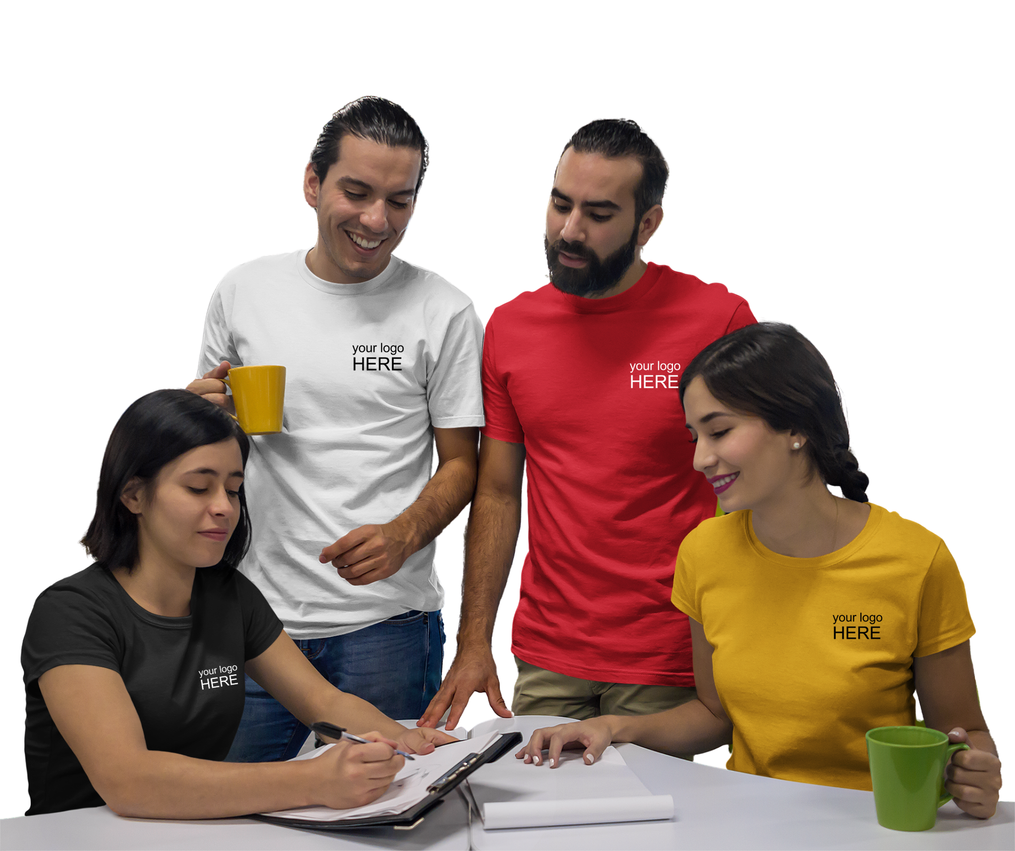 Team members collaborating in branded t-shirts at workspace.
