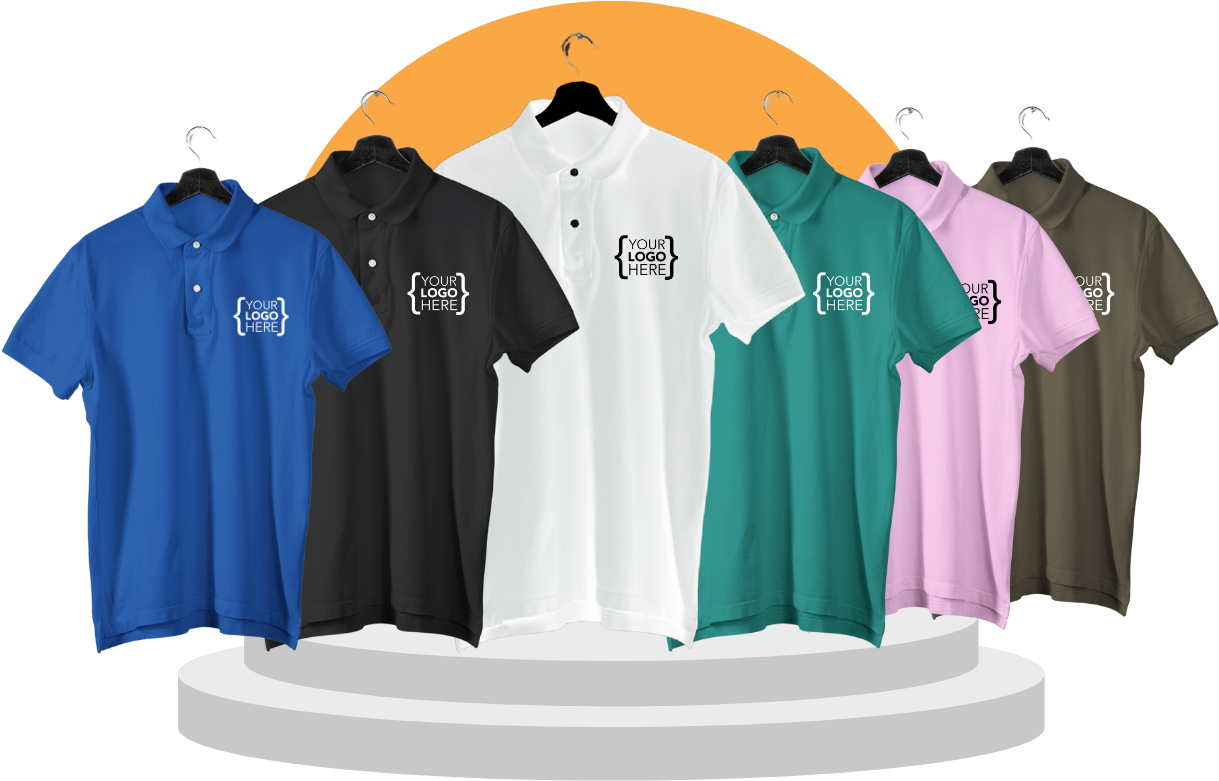 Custom logo polo t-shirts displayed in multiple colors